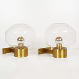 Pair of vintage brass and mouth blown glass wall lights