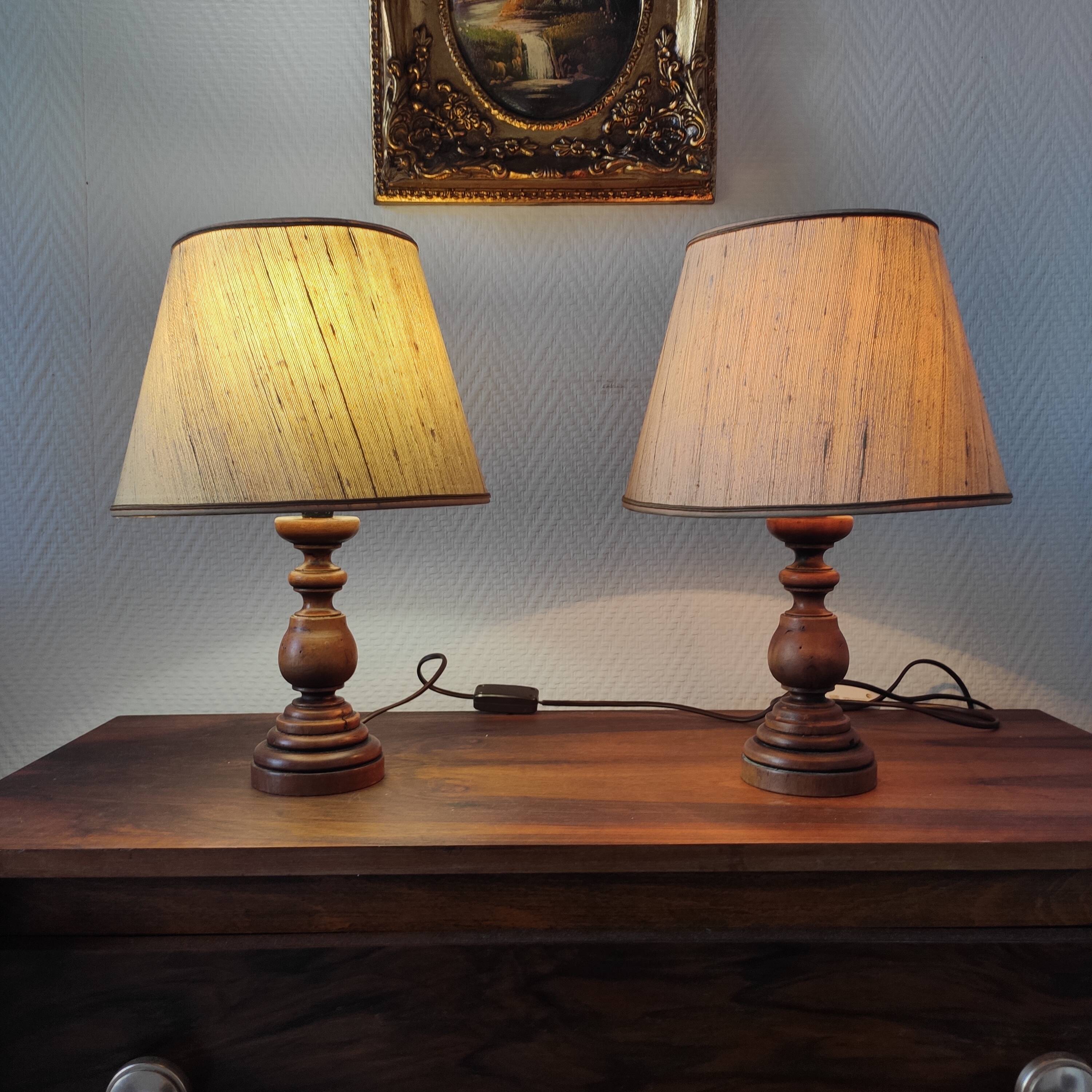 Pair of vintage turned wood lamps