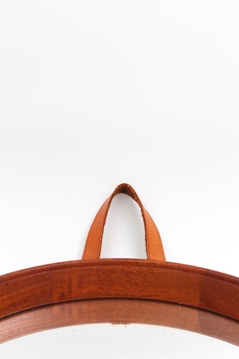 Scandinavian teak mirror with 1950s 19.5cm leather strap