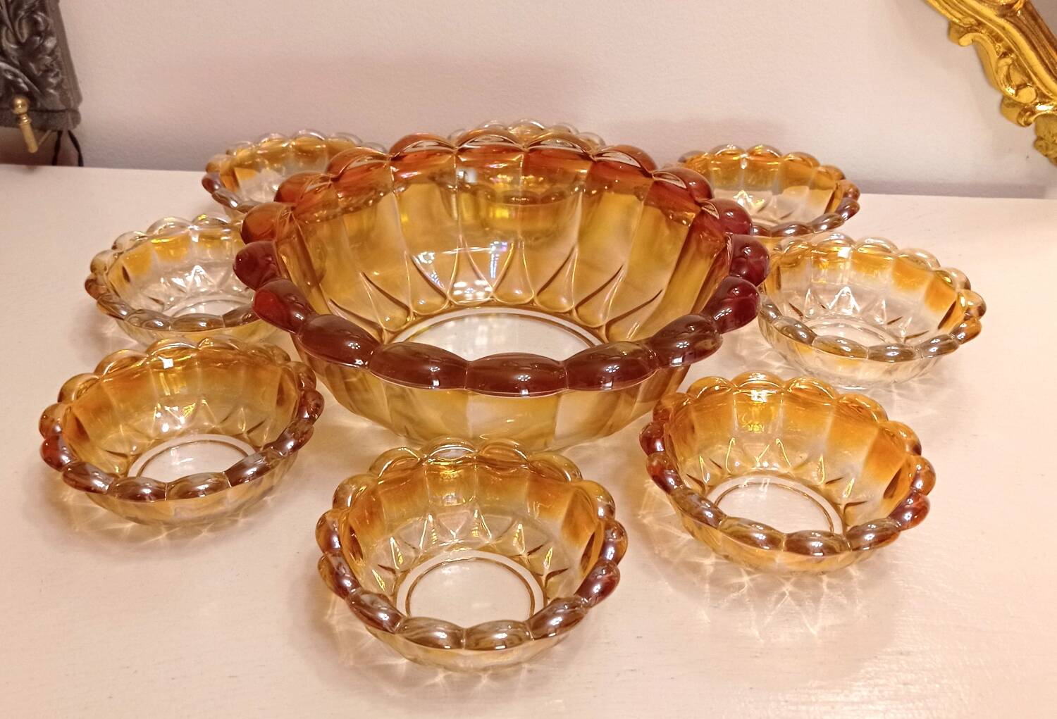 Vintage salad bowl service and 8 iridescent glass cups