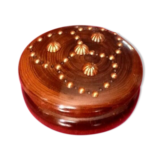 1950s round box turned wood, domed lid decorated with rosettes and copper nails