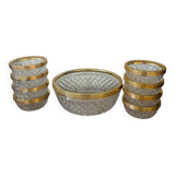 Salad bowl and cups in cut glass and brass