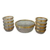 Salad bowl and cups in cut glass and brass