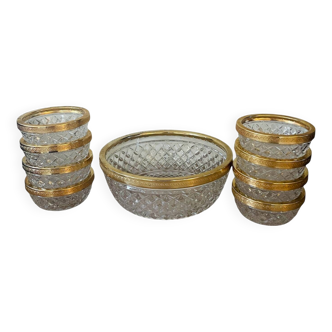 Salad bowl and cups in cut glass and brass