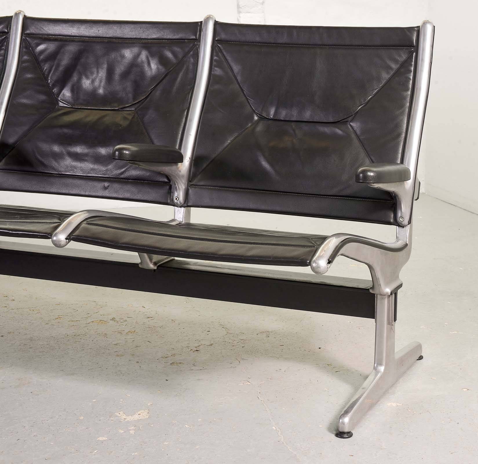Charles Eames Black Leather 3-Seat Tandem Sling Airport Bench Herman Miller