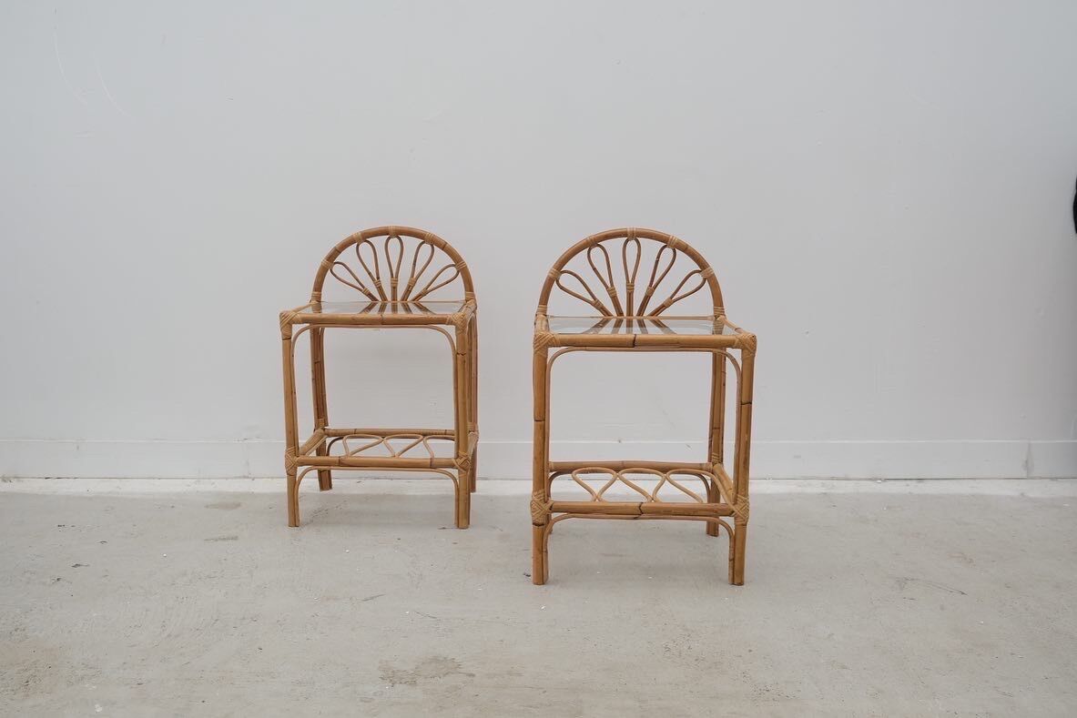 Pair of rattan and glass bedside tables, France 1970