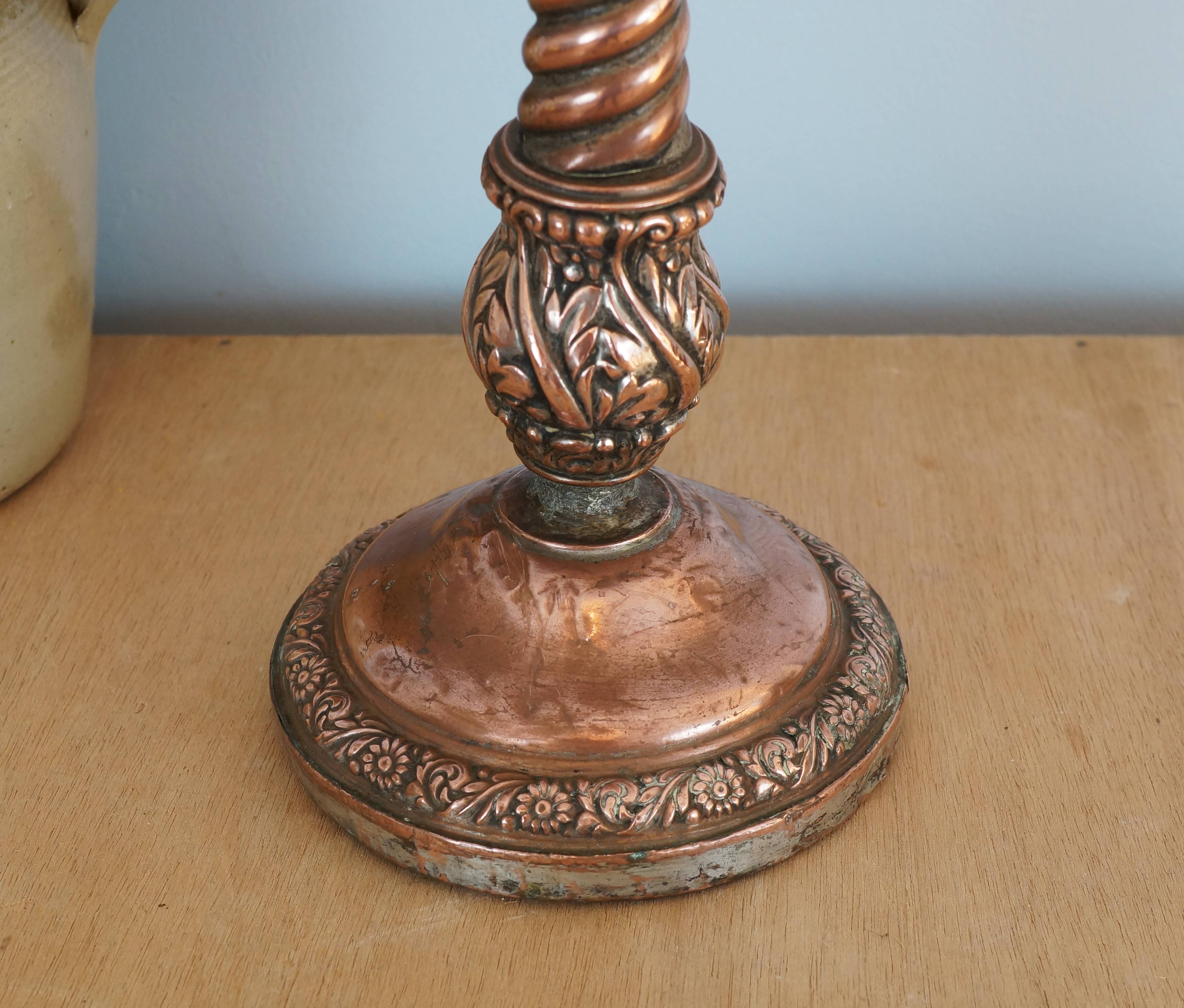 Handmade copper candle holder in hammered metal, vintage