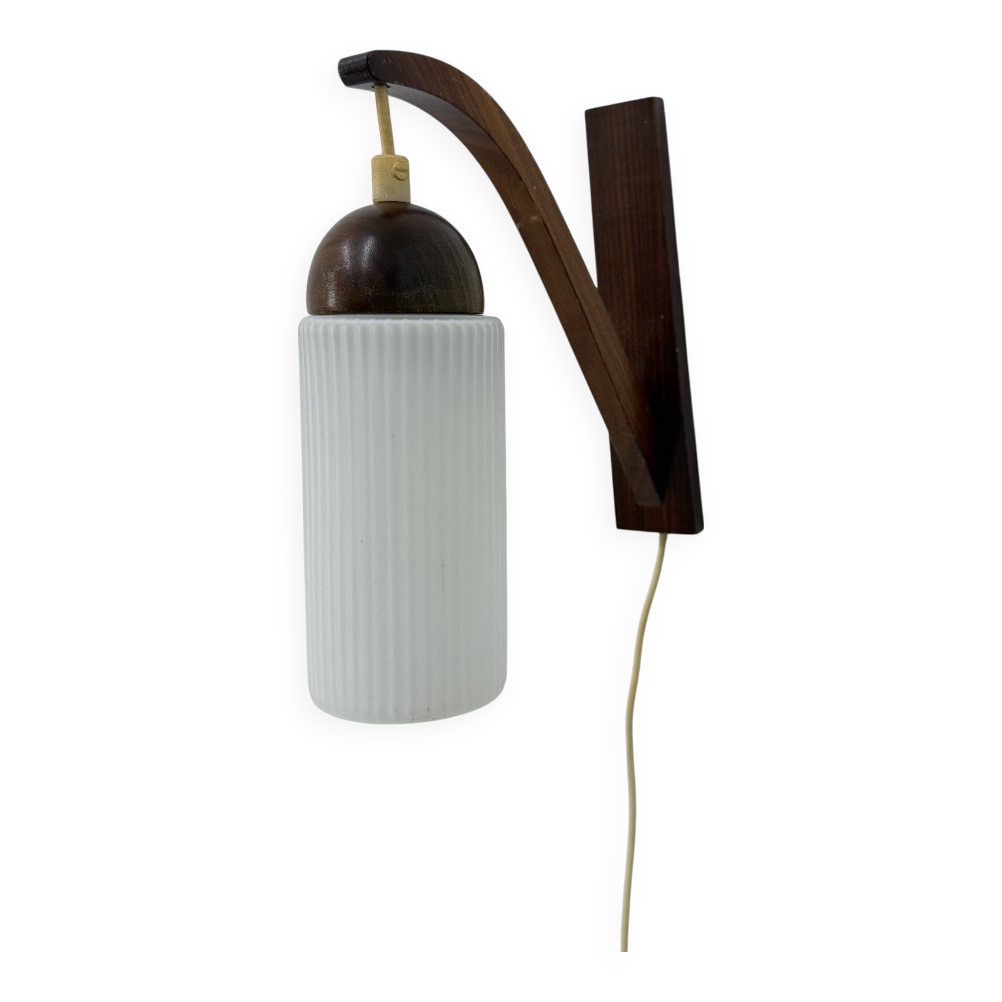Vintage Scandinavian wall lamp with teak and opaline glass shade , 1960s