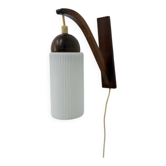 Vintage Scandinavian wall lamp with teak and opaline glass shade , 1960s