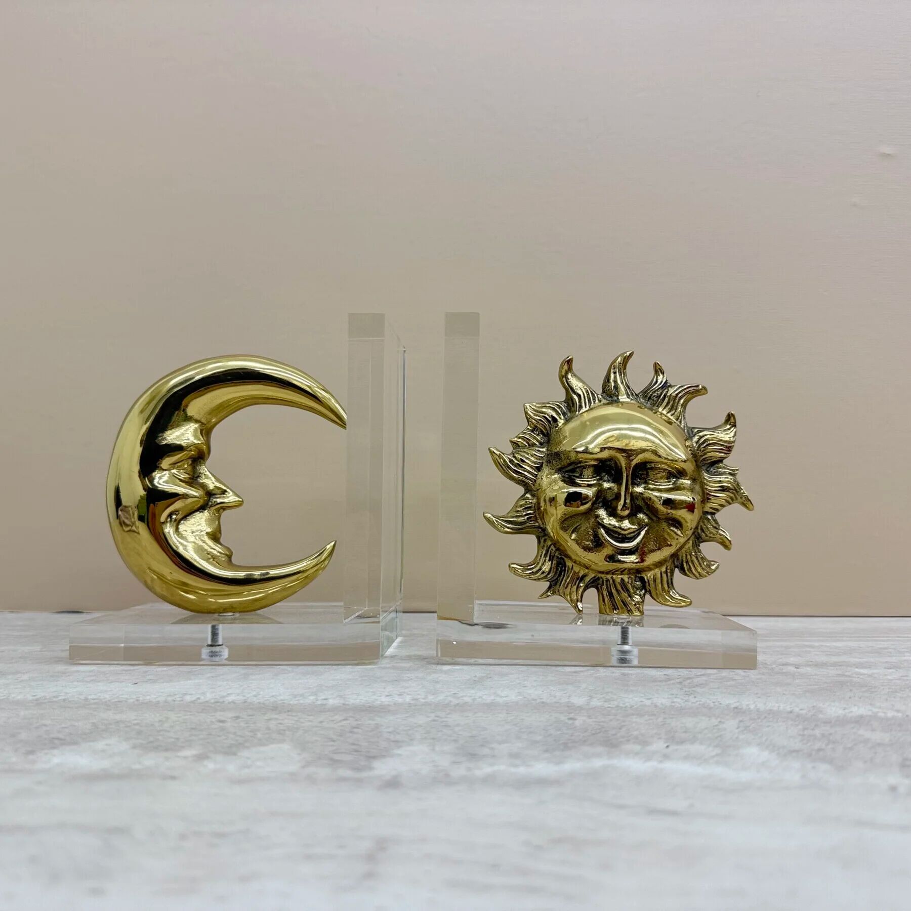 Vintage bookends sun and moon lucite and brass, 1970s