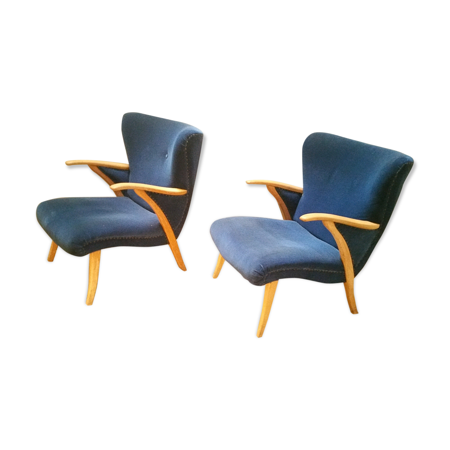 Pair of chairs Scandinavian wing stripes cocktail years 50 Blue