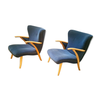 Paire de fauteuils scandinave wing Zig Zag années 50 bleus