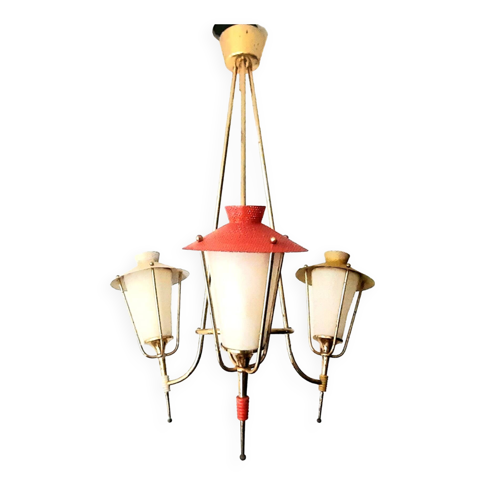 Three-arm pendant light in gilded brass and perforated metal by Maison Arlus Vintage from the 50s