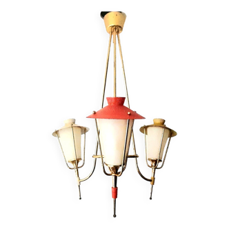 Three-arm pendant light in gilded brass and perforated metal by Maison Arlus Vintage from the 50s
