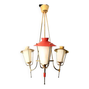 Three-arm pendant light in gilded brass and perforated metal by Maison Arlus Vintage from the 50s