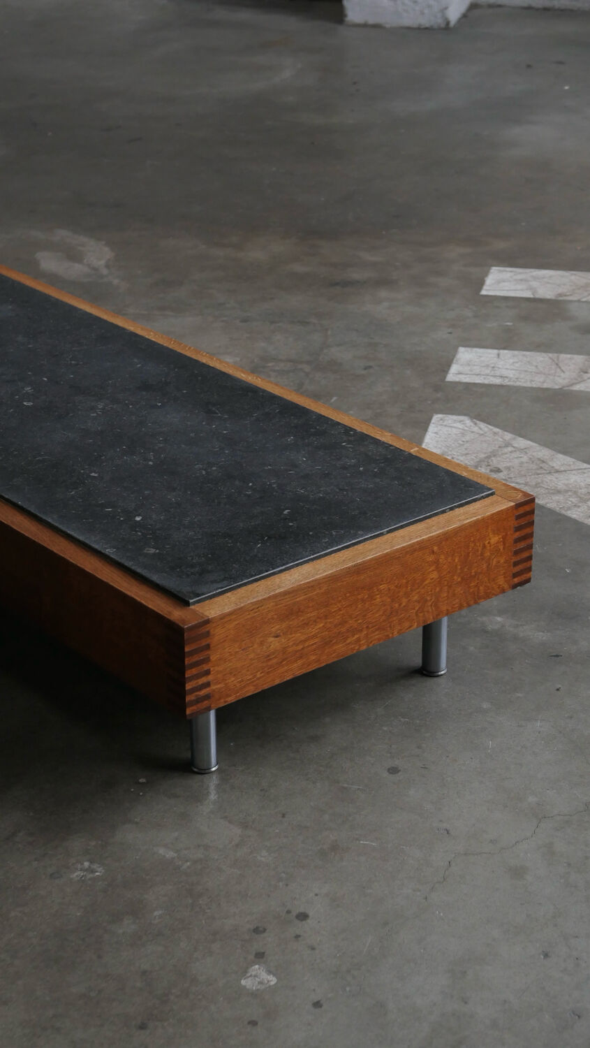 Belgian coffee table from the 80s, oak and blue stone from Belgium.