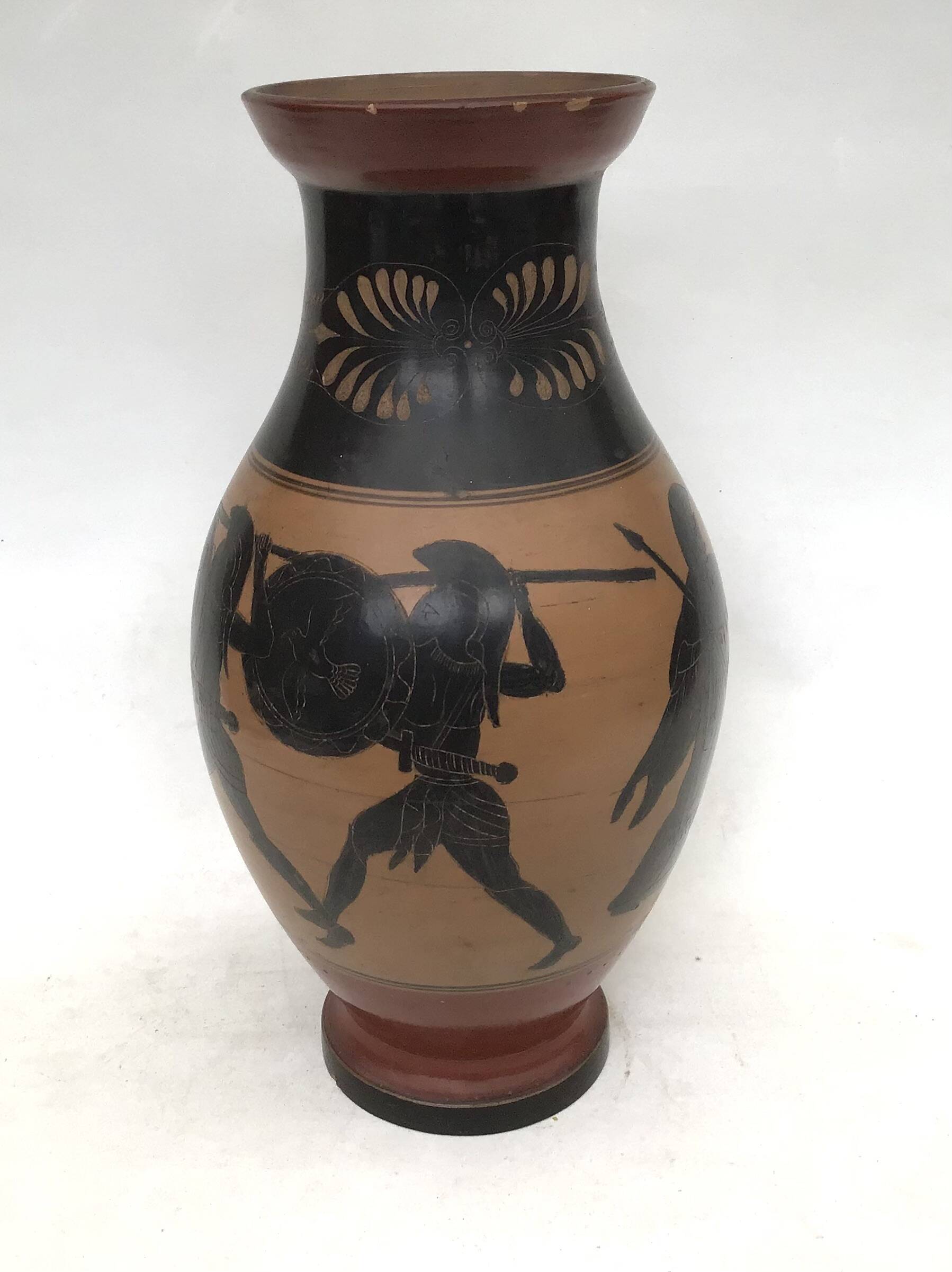 Reproduction of a Greek Attic-style black-figure vase depicting warriors