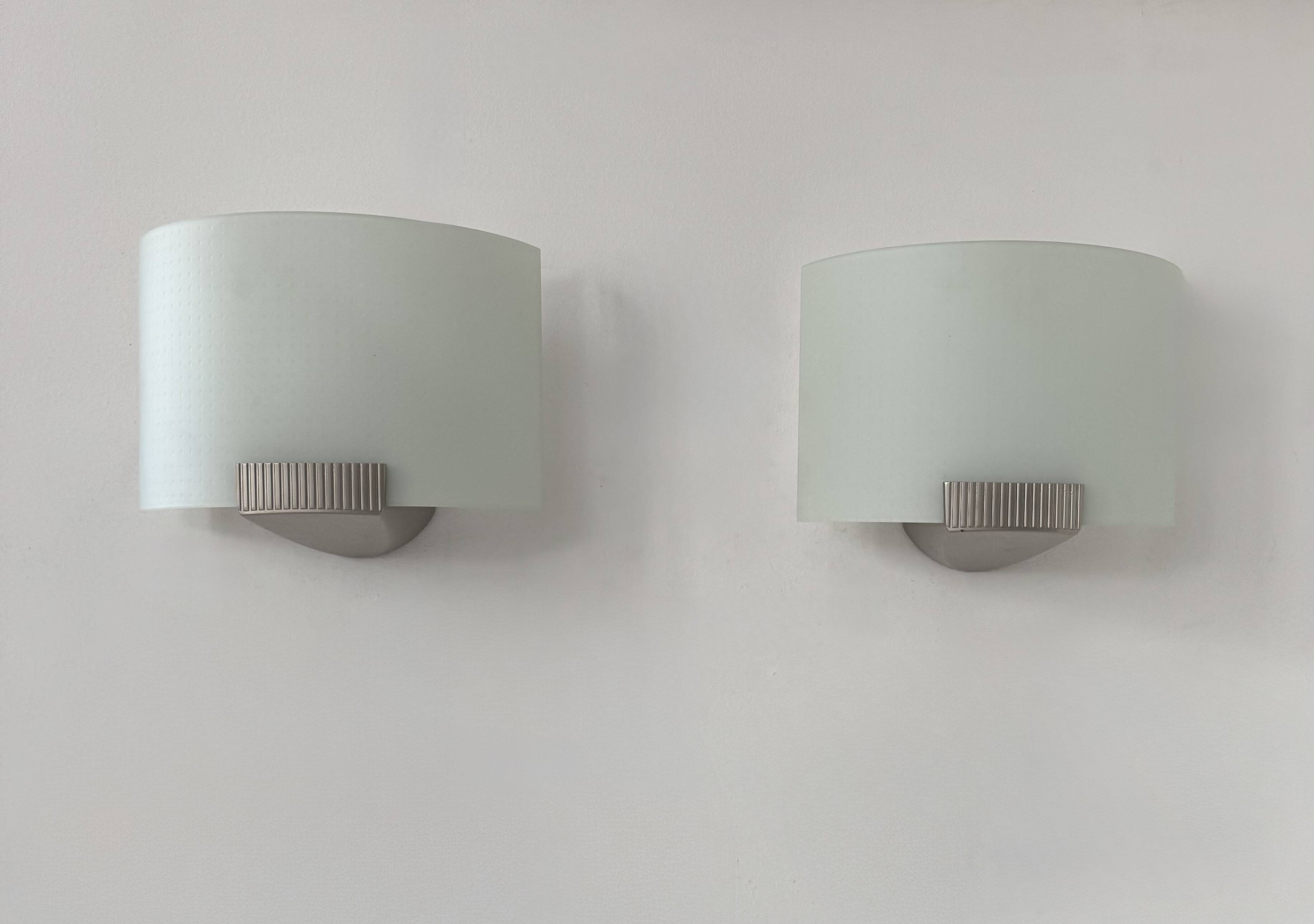 Pair of vintage wall lights, metal and frosted glass, France, 1970