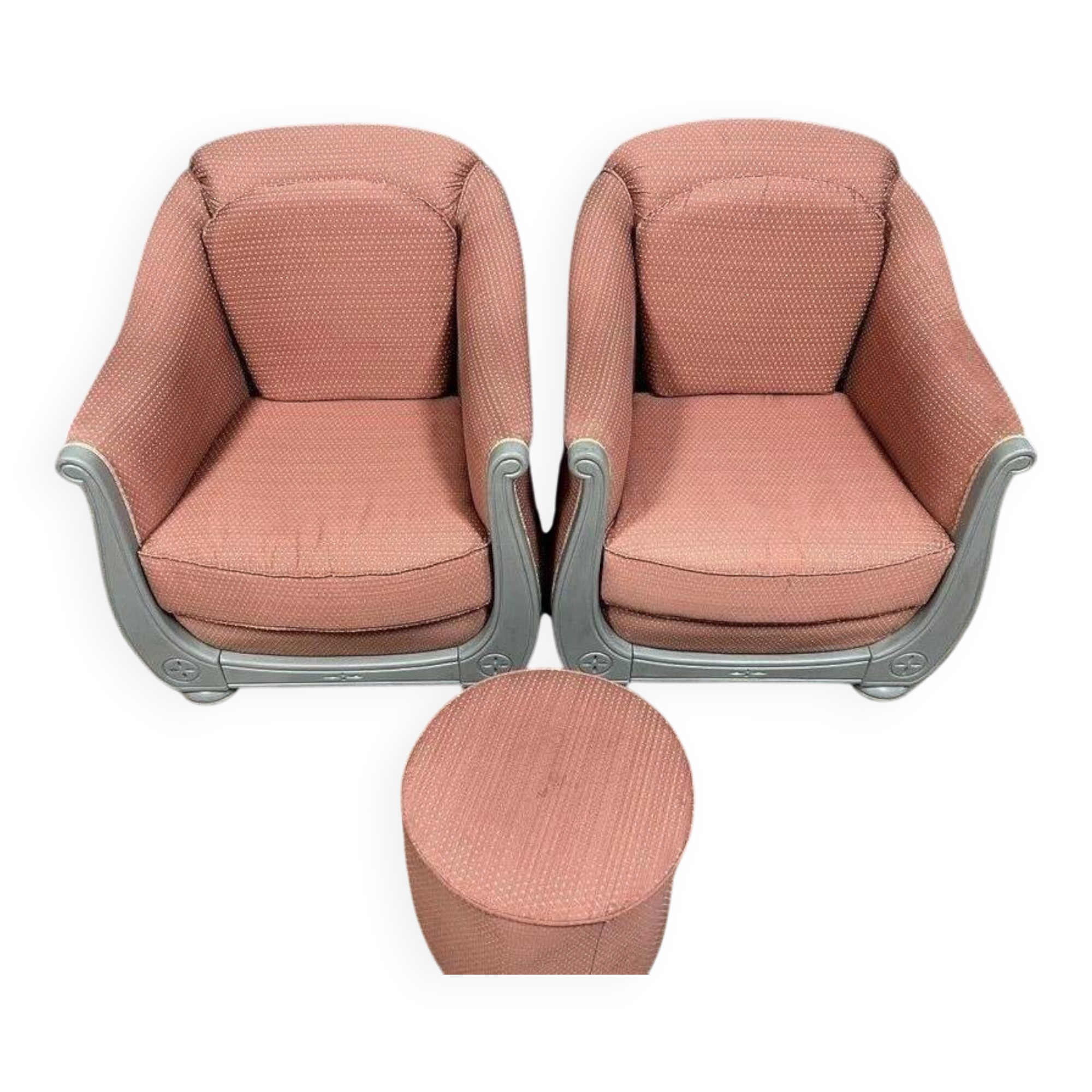 Pair of bergère armchairs + 1 Art Deco pouf in lacquered wood