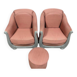 Pair of bergère armchairs + 1 Art Deco pouf in lacquered wood