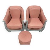 Paire de fauteuils bergères + 1 pouf Art Déco en bois laqué