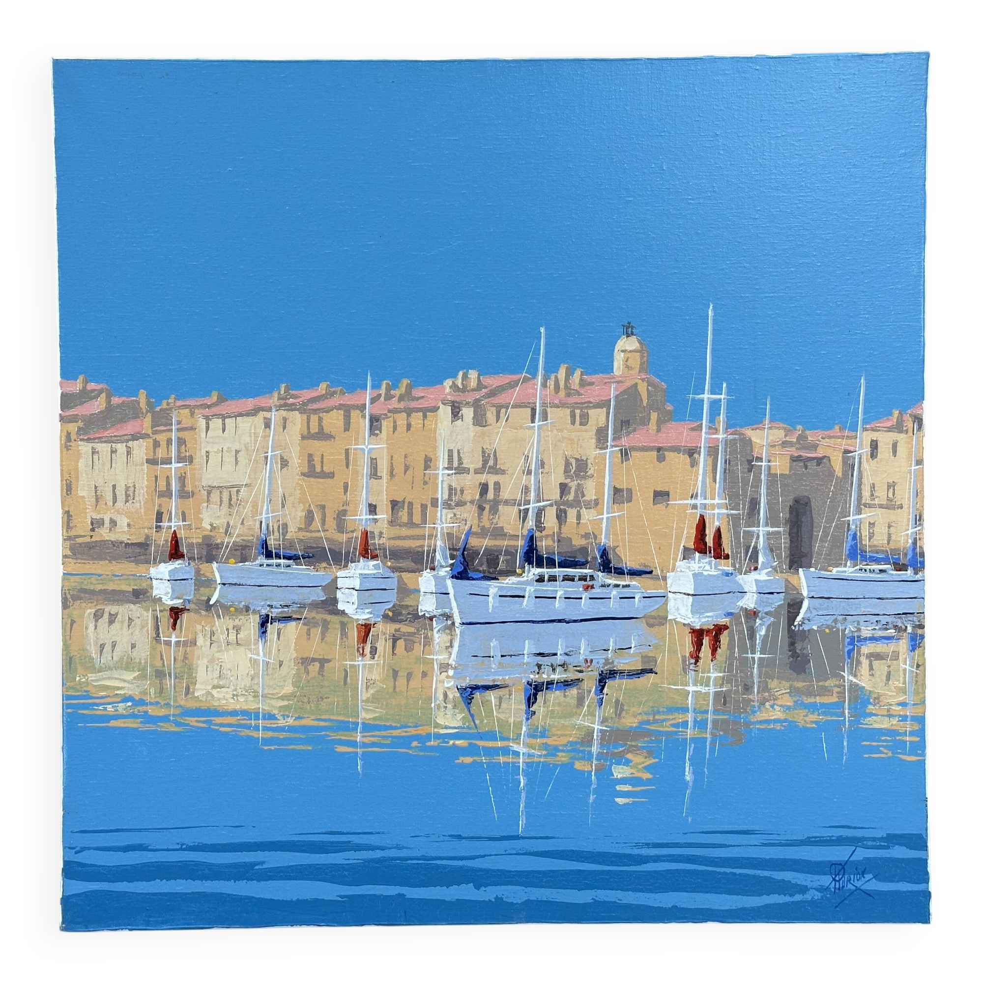 Patrick TURION Large Oil Port of Saint TROPEZ 80x80cm Exhibitions