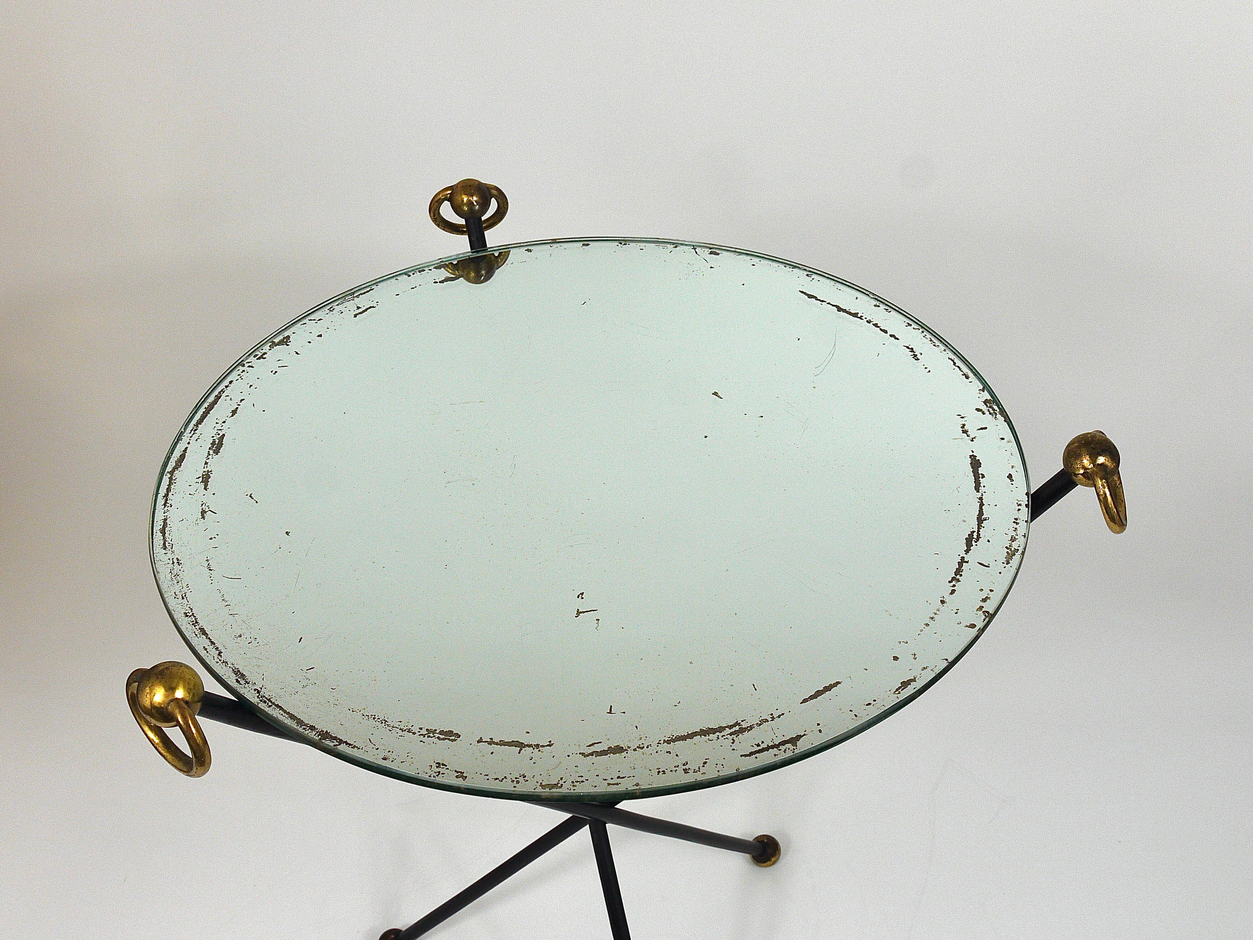 French mid-century mirror side table, Jacques Adnet style, brass, 1950s.