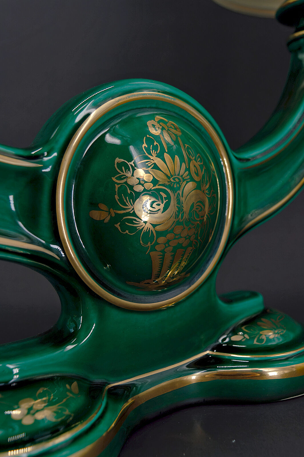 Pair of lamps in green and gold earthenware, circa 1940