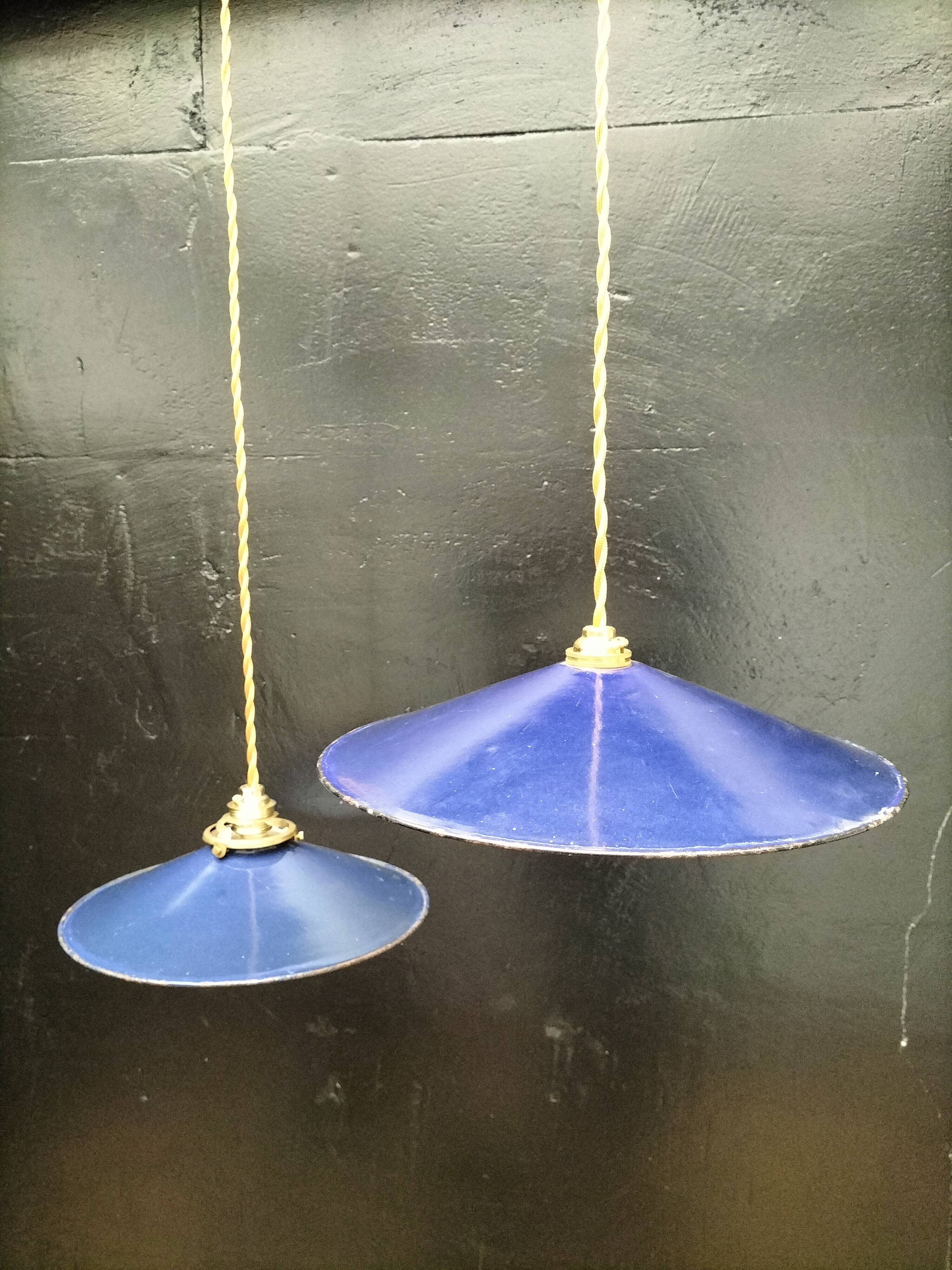Blue enameled sheet metal pendant lights