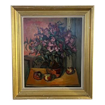 Tableau , nature morte aux lilas , bouquet de fleurs