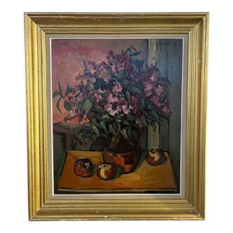 Painting, still life with lilacs, bouquet of flowers
