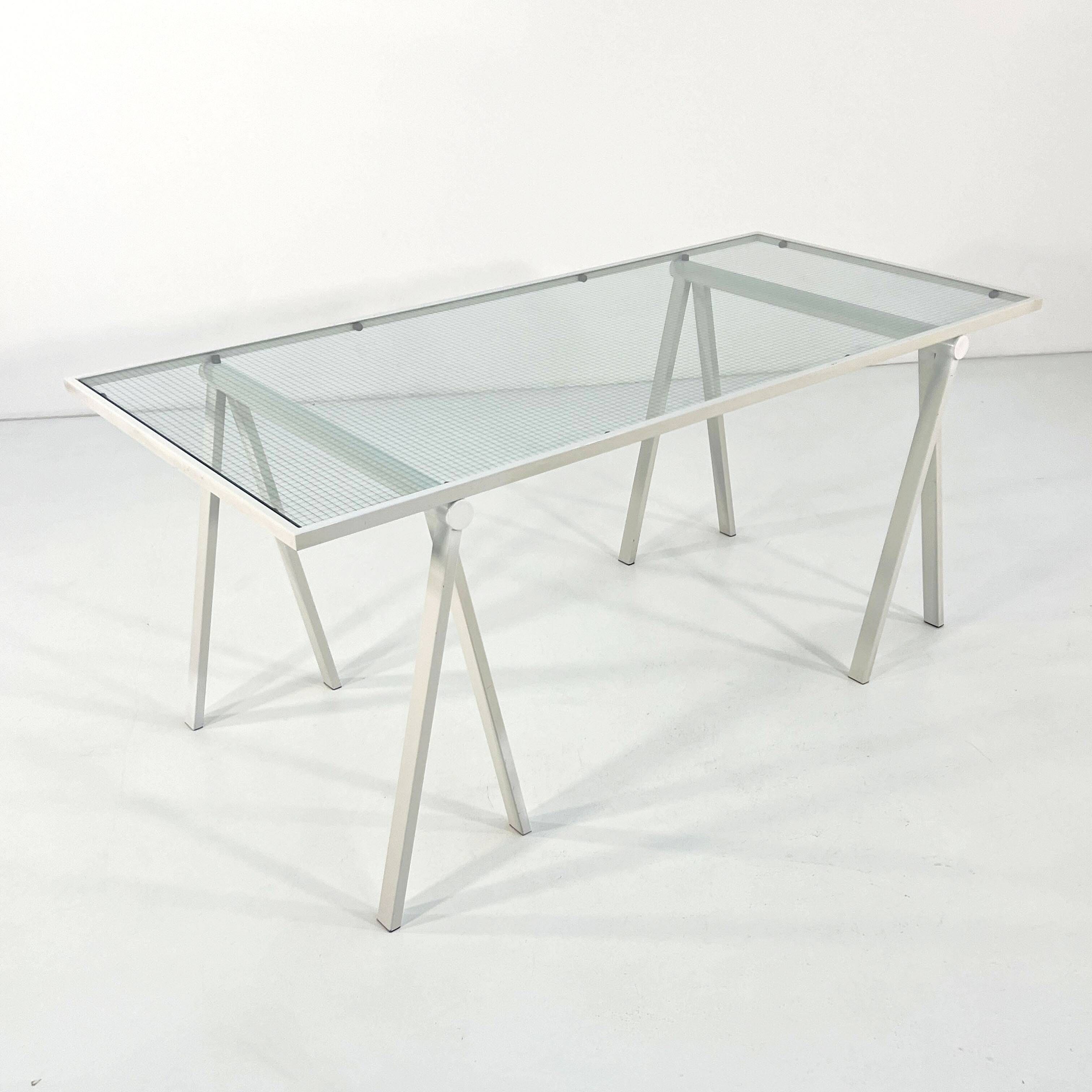 Glass and metal trestle desk by Rodney Kinsman for Bieffeplast, 80
