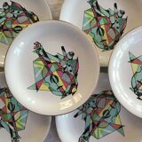 8 old plates Sarreguemines cubist décor