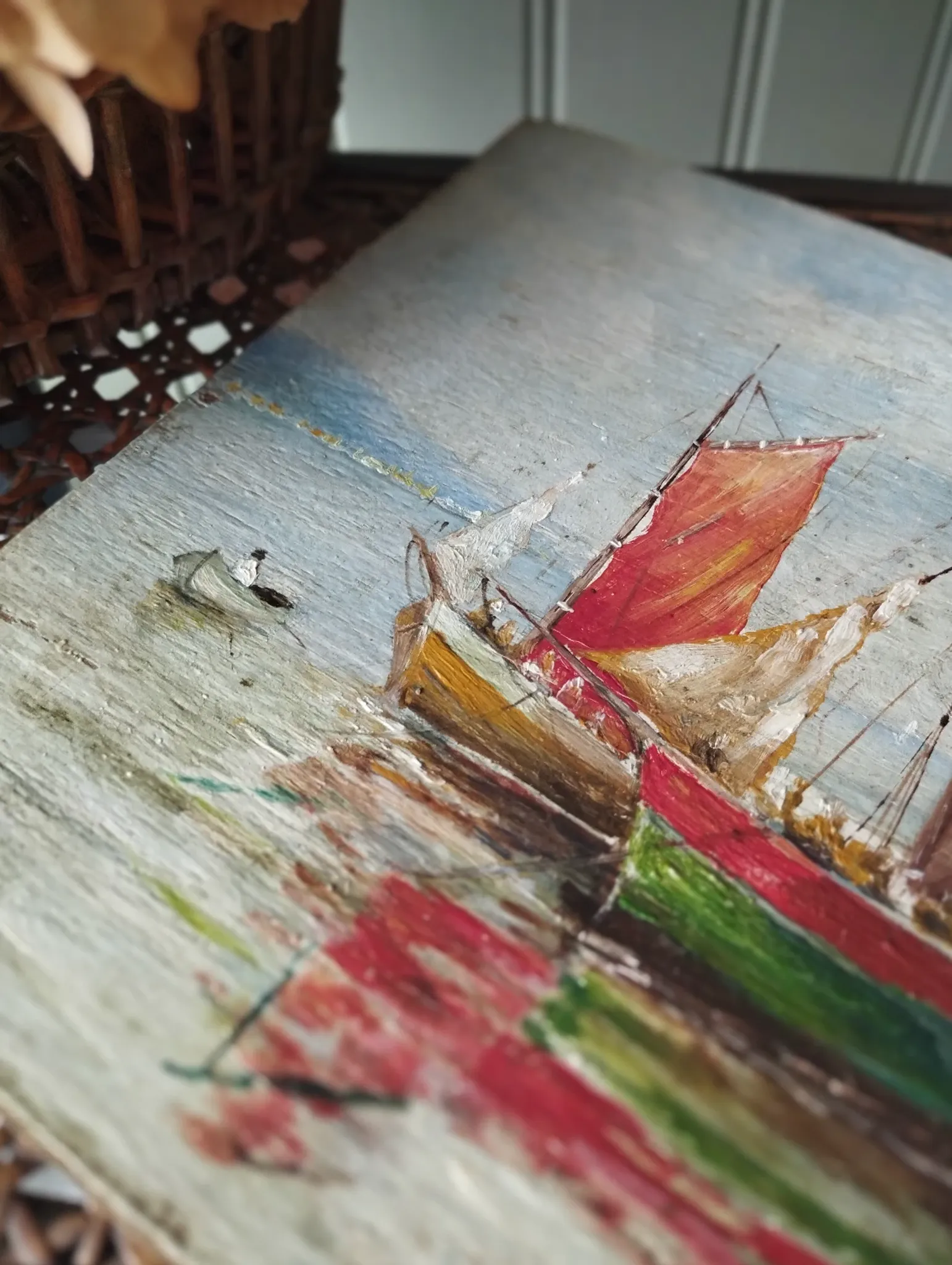 Fishing boats on calm sea. oil painting signed p. volotchenko.