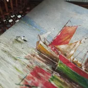 Fishing boats on calm sea. oil painting signed p. volotchenko.