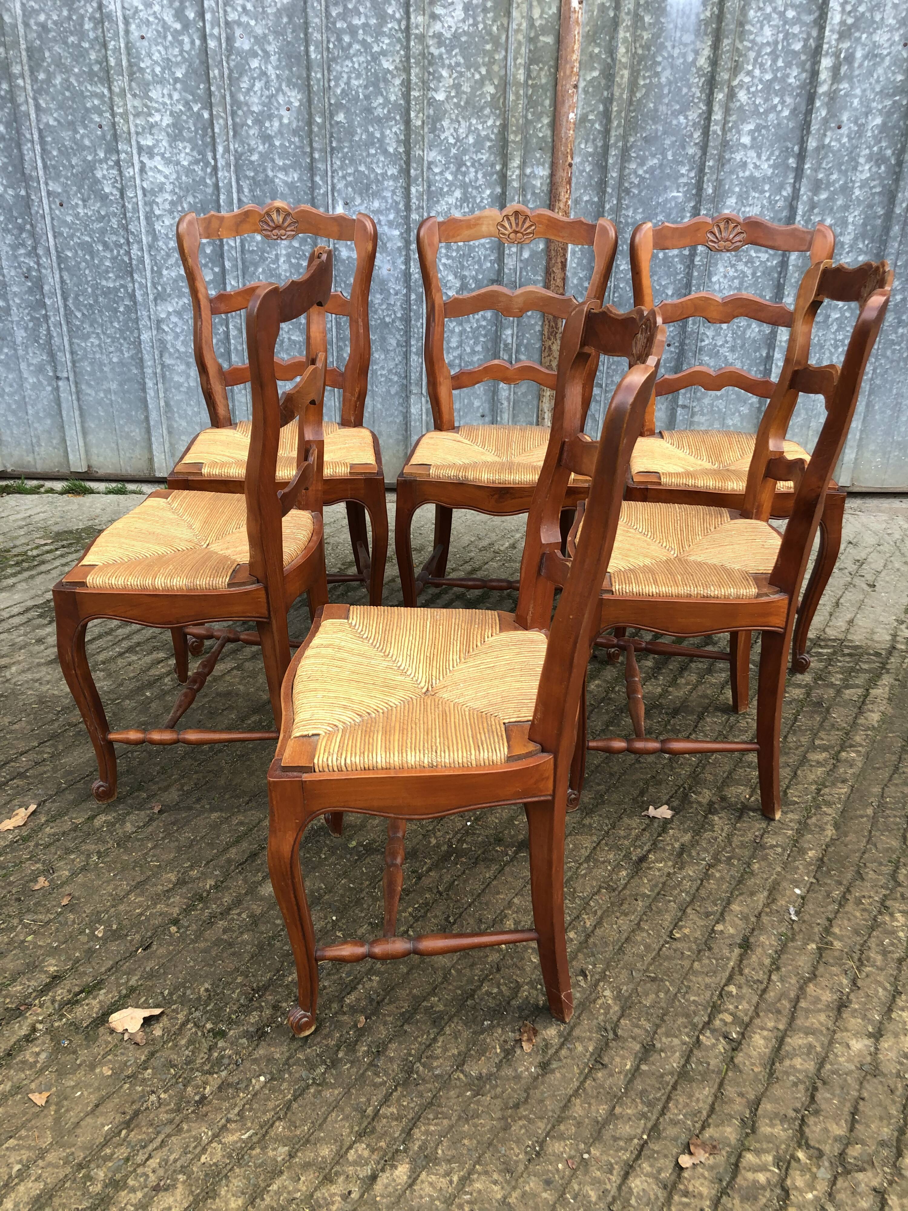 6 rush-seated chairs in solid cherry wood in Louis XV style