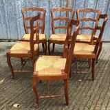 6 rush-seated chairs in solid cherry wood in Louis XV style