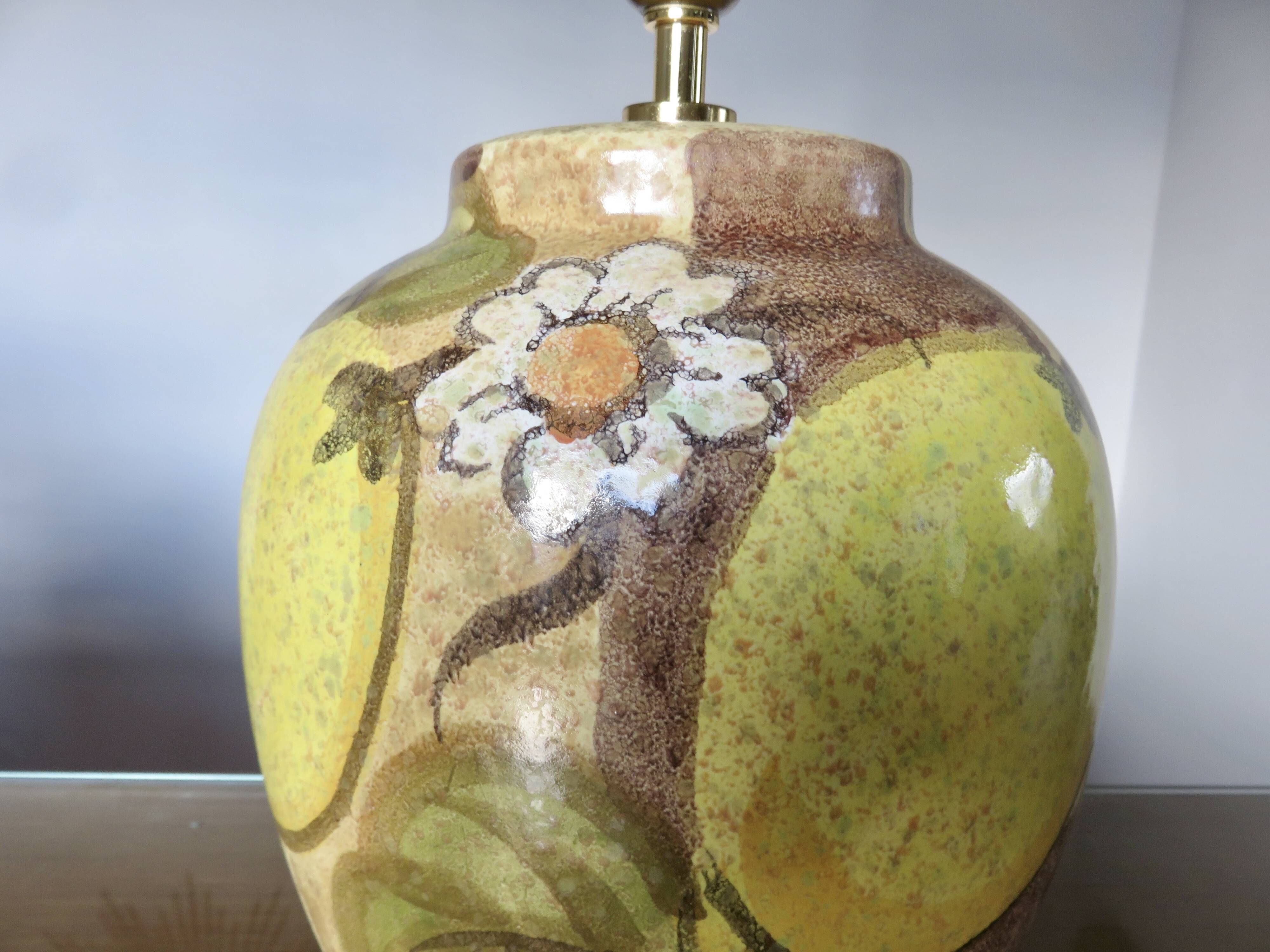 Hubert Olivier ceramic lamp with floral decoration, 1980.