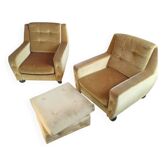 2 fauteuils vintage velours moutarde dorée + pouf repose-pieds