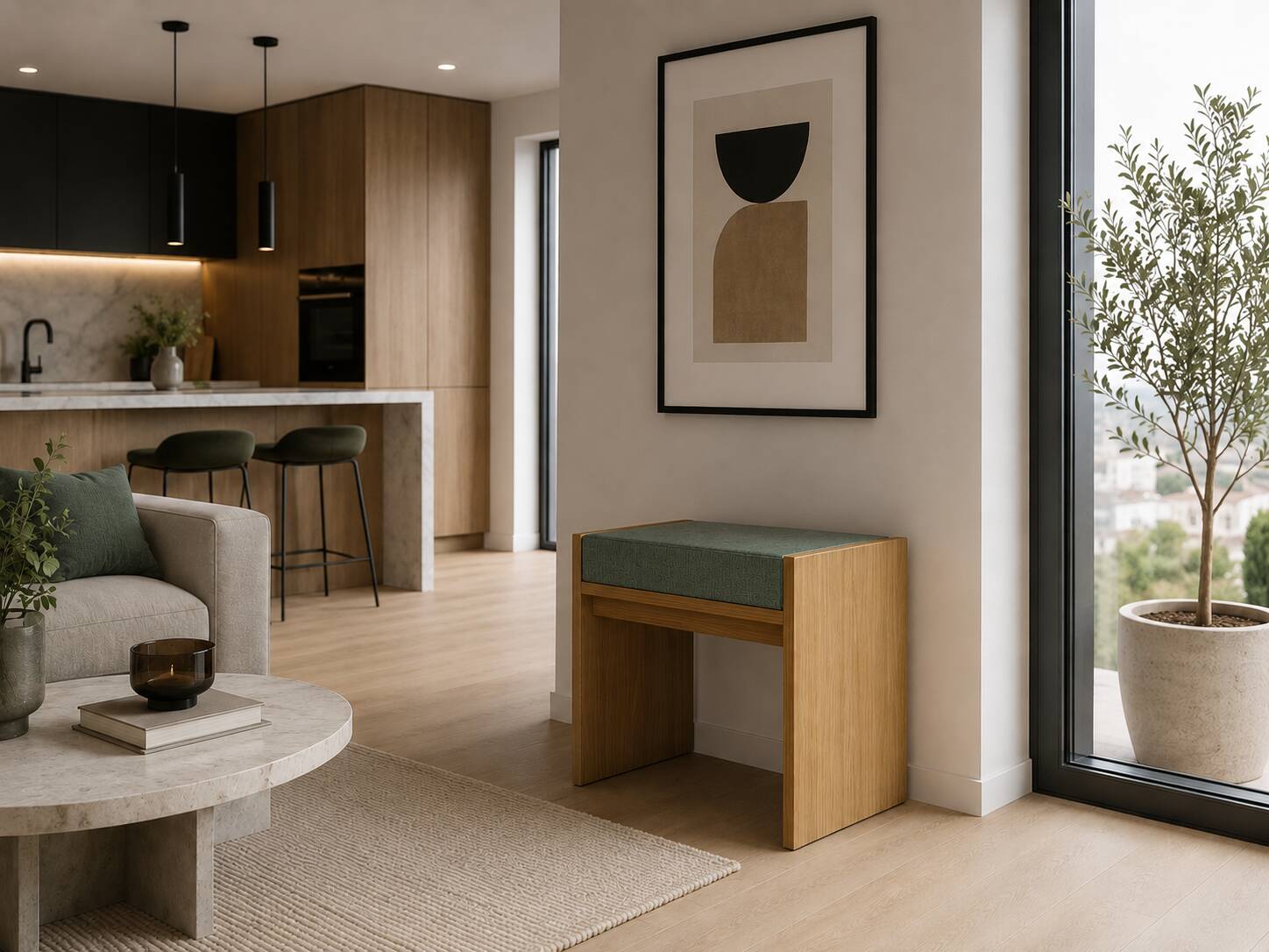Solid oak stool with cushion (customisable)