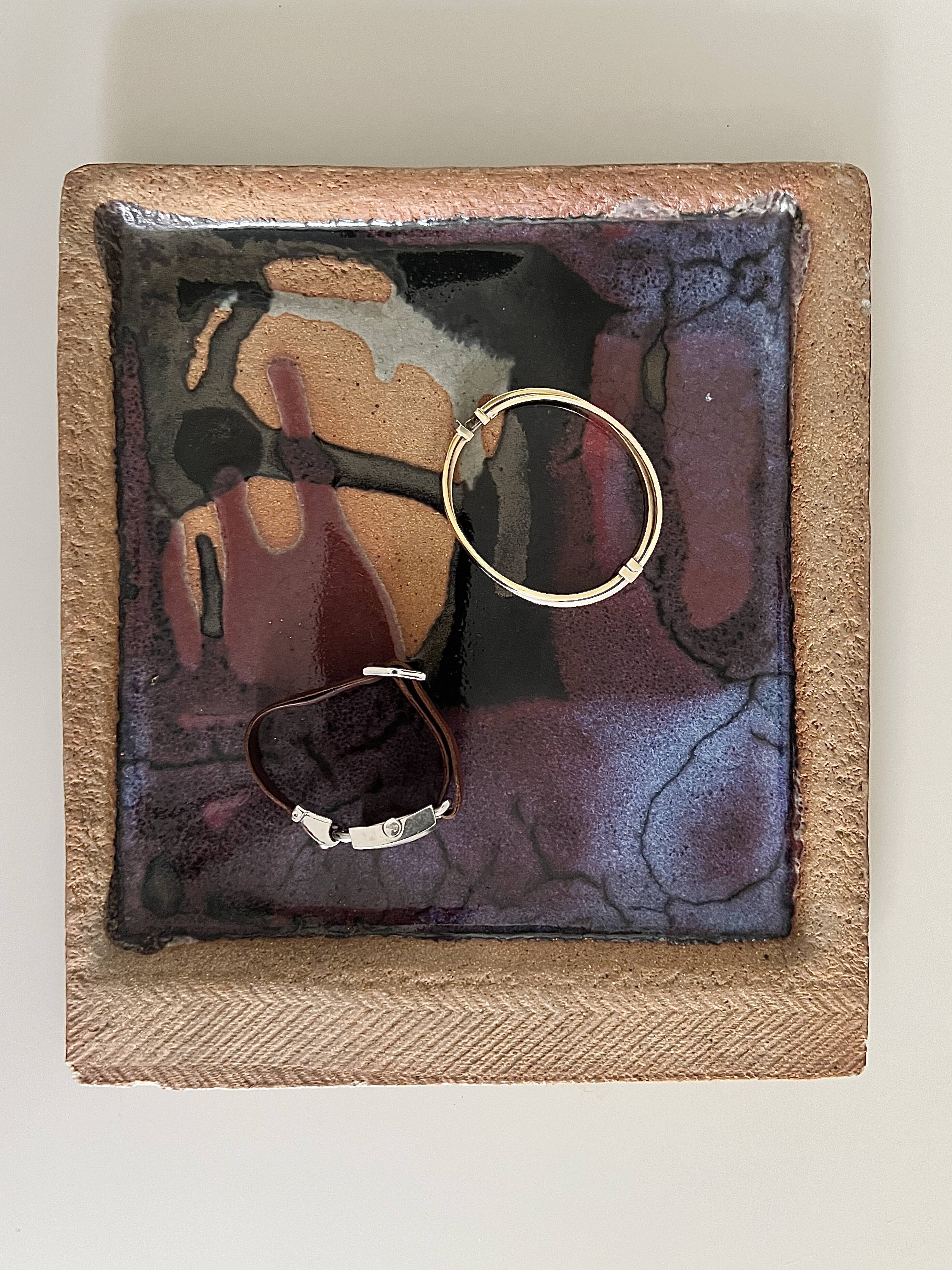 Square trinket dish in glazed ceramic, signed by F. Baudet, France 1970