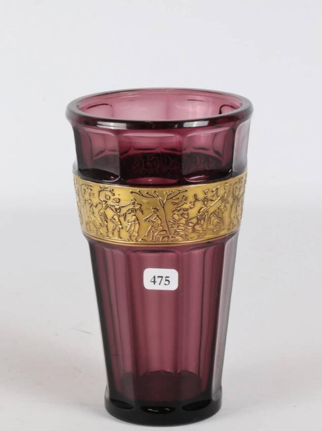 Moser sectional vase with cut sides-purple crystal decor with antique gold highlight