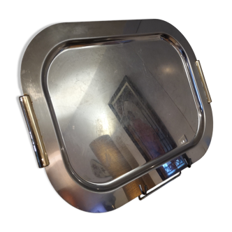ancien grand plateau argenté poignee metal dore italien vintage 1970 1980