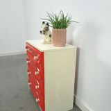 Vintage ladekast met rood roze kunststof lades 1970