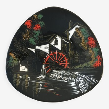 Fruit dish in black Longwy enamel "l'écluse" n°3522 decorated by hand