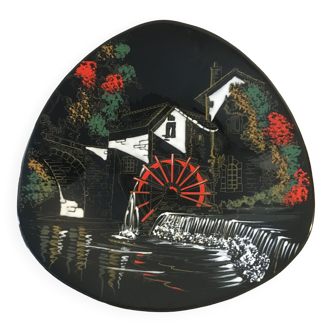 Fruit dish in black Longwy enamel "l'écluse" n°3522 decorated by hand