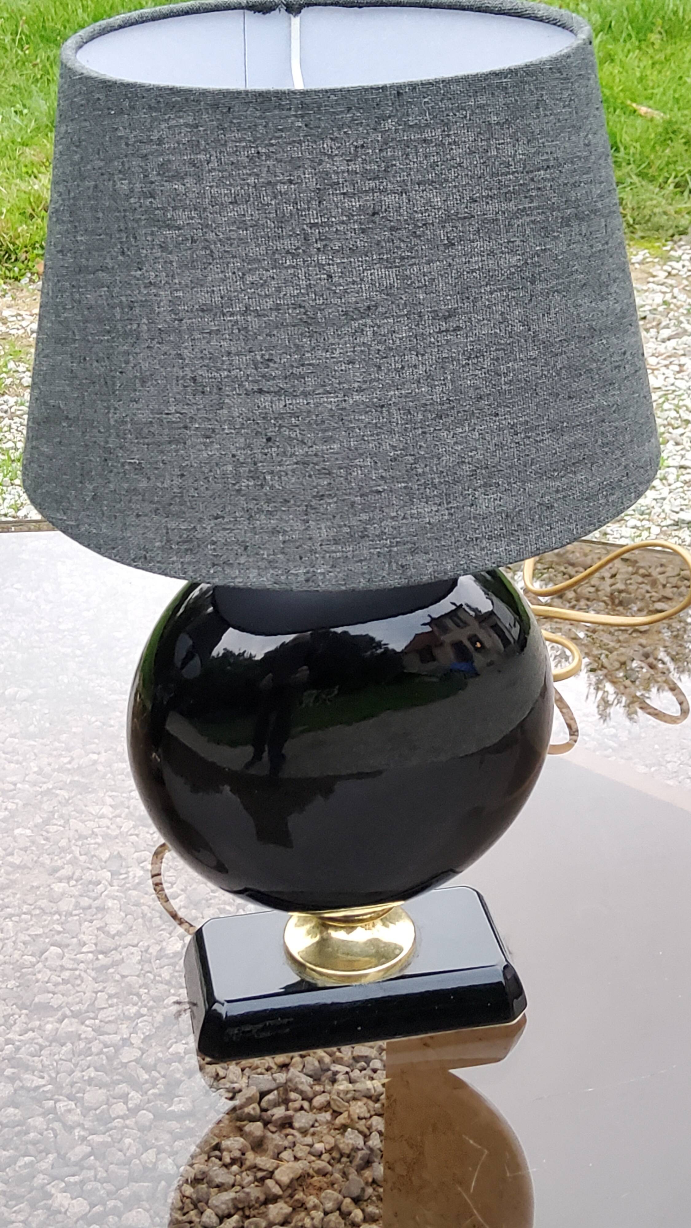 Pair of 70s designer lamps in black ceramic and gold metal