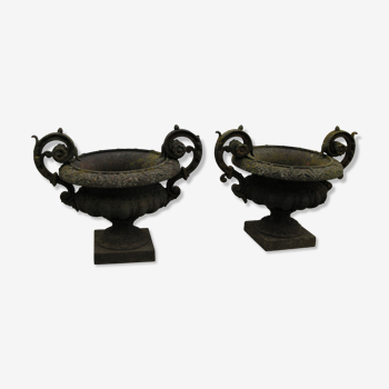 Pair of ancient Iron Cast Iron Garden Medici Vases