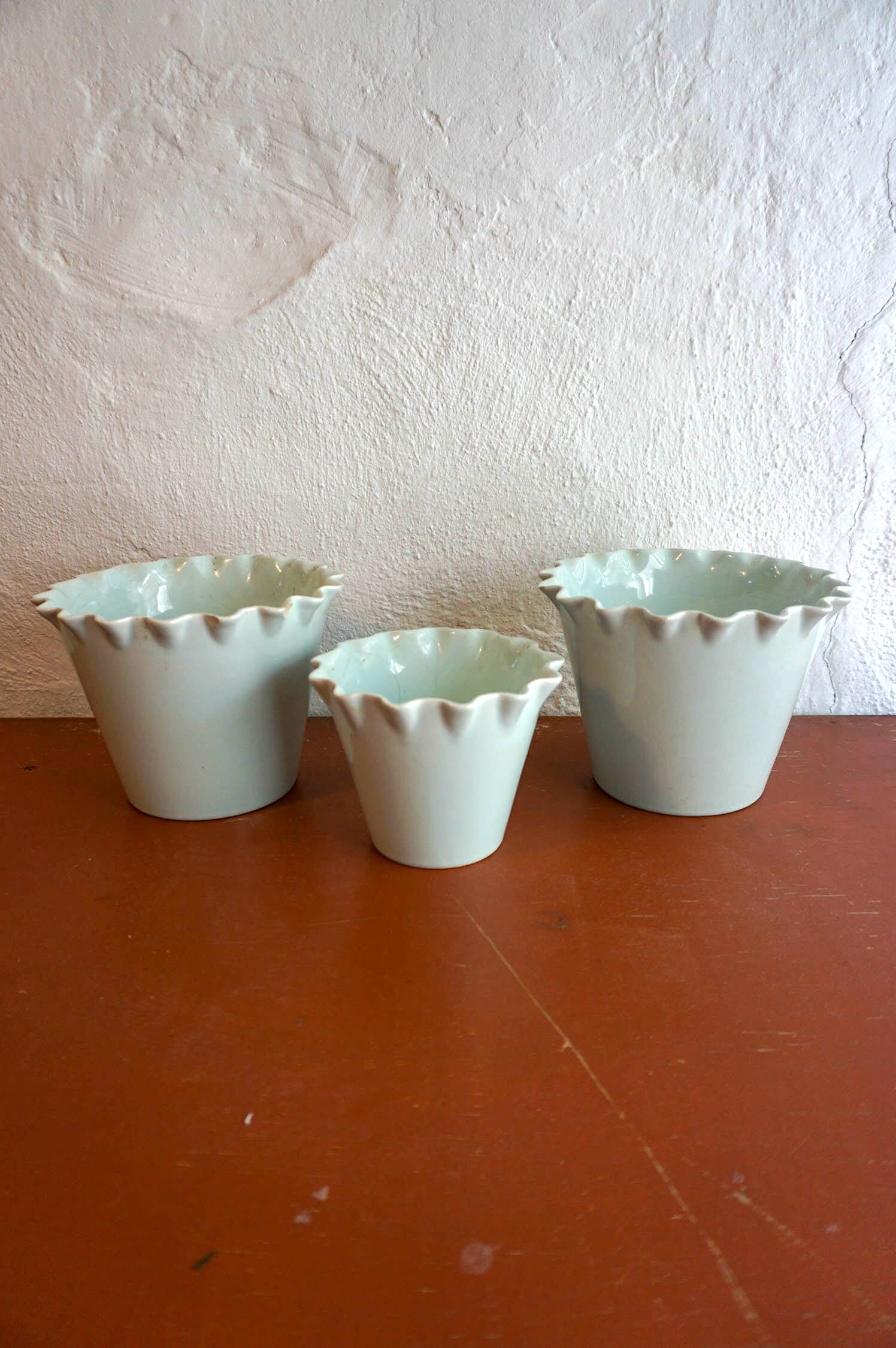 Celedon baby blue flower pots with ruffled lips set of 3