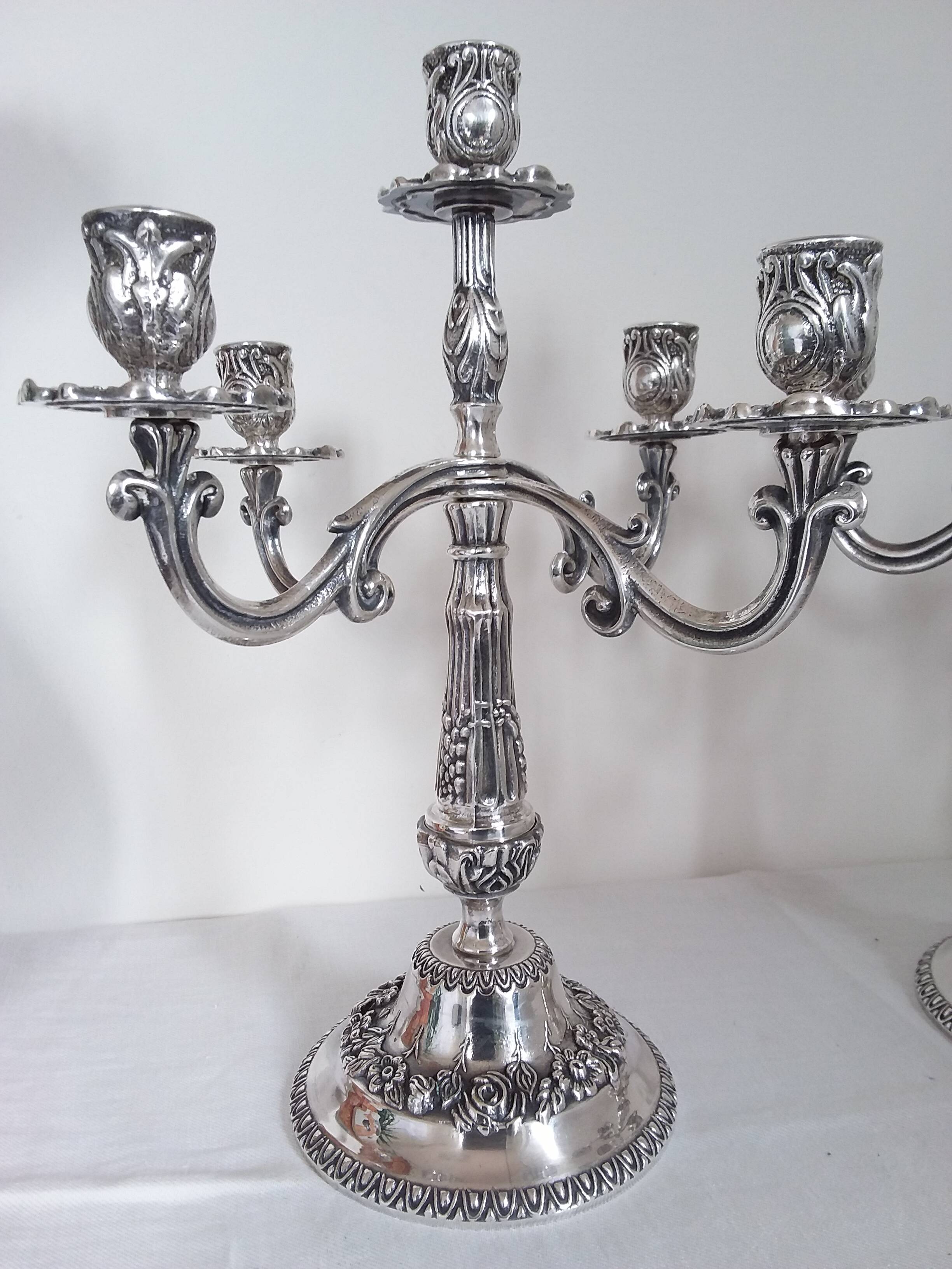 Pair of silver-plated bronze candelabra with 5 light arms.